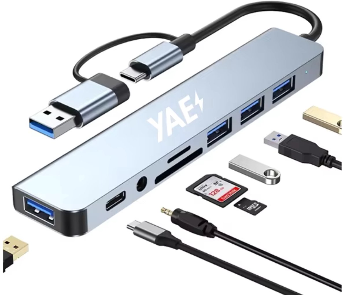 YAE USB C Hub - USB A Hub - 8 in 1 Hub - 4x USB-A - 1x USB-C - 1x AUX - 2x Kaartlezer - Docking Station - USB Splitter