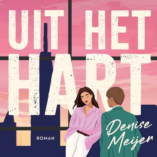Boekcover met de titel 'UIT HET HART' in grote letters. Een vrouw in een roze blouse en witte broek staat naast een man in een groen jasje. De achtergrond is een zonsondergang met roze en oranje tinten.