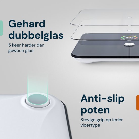 Gedetailleerd beeld van de Sacoma weegschaal die gehard dubbelglas en anti-slip poten toont.