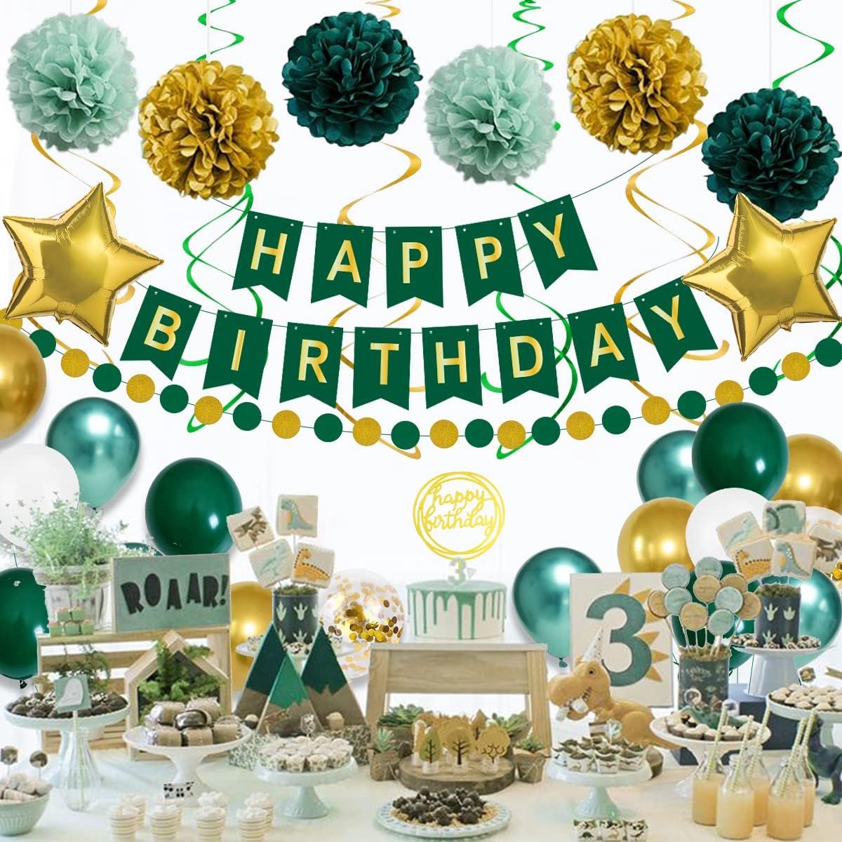 Verjaardagsdecoraties, groengouden verjaardagsfeestdecoraties voor jongens, meisjes, mannen vrouwen, verjaardagsballonnen met Happy Birthday-banner, papieren pompons, confettiballonnen voor