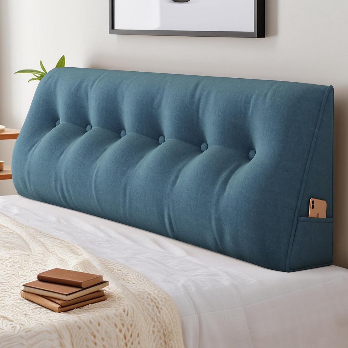 Extra Groot Wigvormig Rugkussen voor Bed en Bank - Leeskussen met Hoofdkussen en Vakken - Afneembare Wasbare Overtrek (150x50cm)