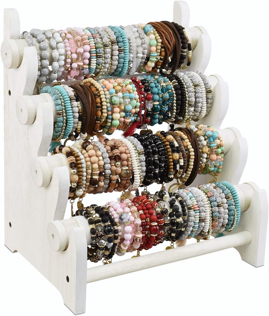 Houten 4-Laags Sieraden Display Stand voor Armbanden, Bangles en Scrunchies - Wit