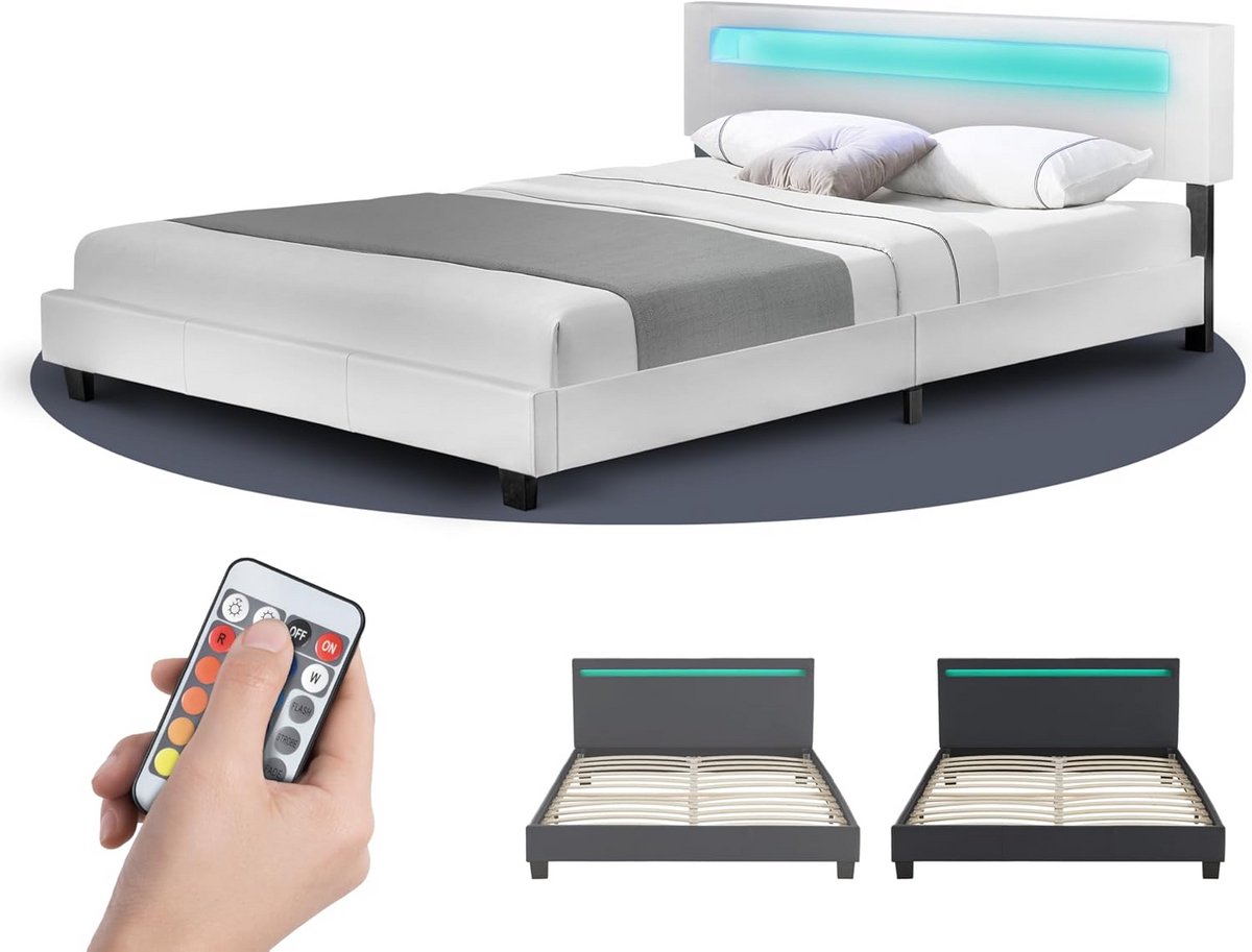 Gestoffeerd Tweepersoonsbed met LED Verlichting en Lattenbodem Wit 160x200 cm