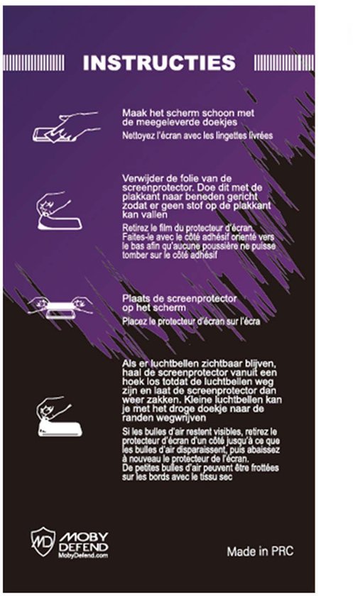 Instructies voor het aanbrengen van een screenprotector, met illustraties en tekst.