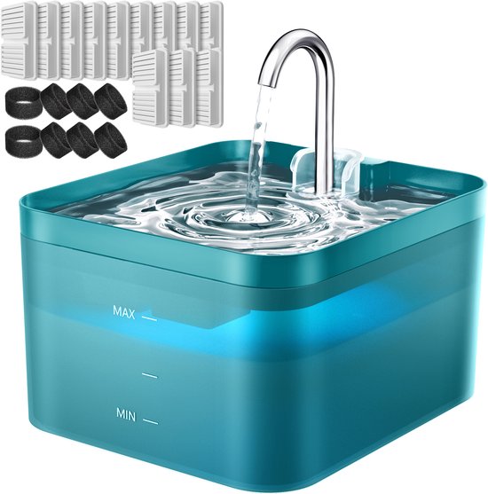 PawPoll® Drinkfontein Kat en Hond - Waterfontein - Incl. 12 Filters - Waterdispenser - 2.2L - Dieren Drinkbak - Fluisterstil - Waterbak Automatisch - Kattenfontein - Groen