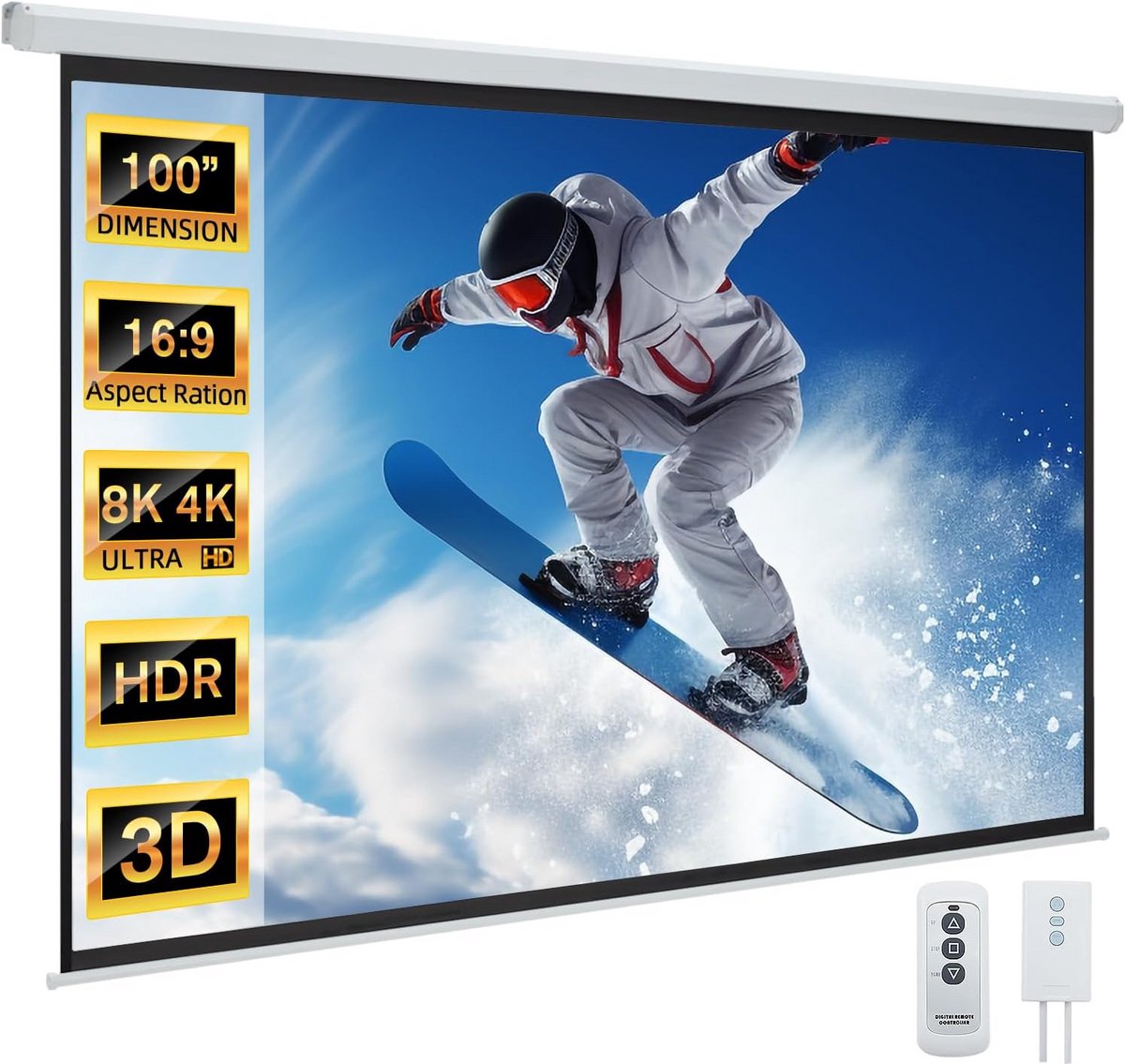 Gemotoriseerd Projectiescherm 100 Inch 16:9 HD 4K Elektrisch Oprolbaar voor Thuisbioscoop en Vergadering