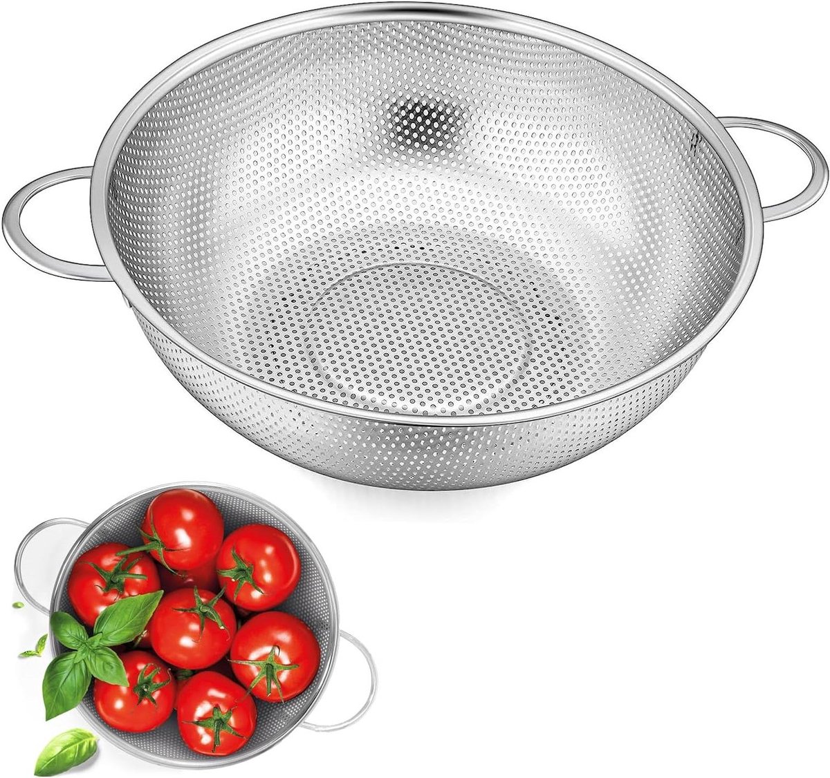 Noedelzeef Ø 22 cm roestvrij staal met handgrepen voor pasta groenten fruit rijst.