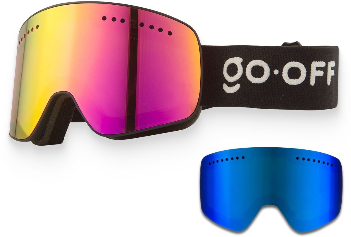 GOOFF Magnet skibril en snowboardbril – paars-goud oliekleur magnetisch vizier + Blauw