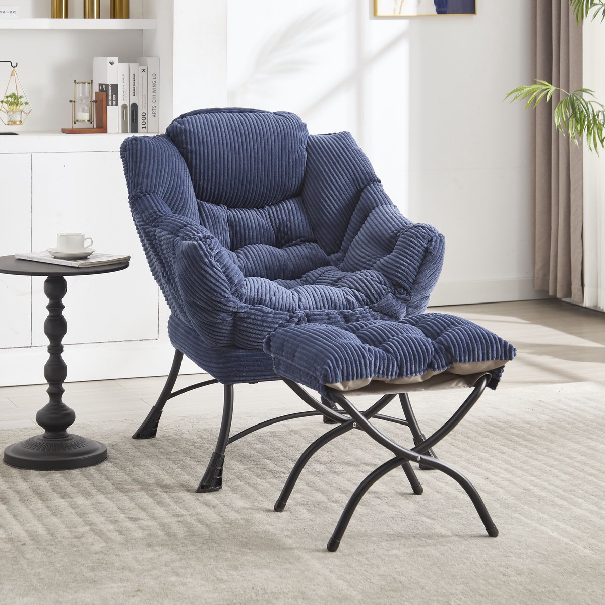 BLACKCOLORS - Lui stoel met voetenbank - Moderne lounge accent stoel - Gestoffeerde bank stoel - Marineblauw