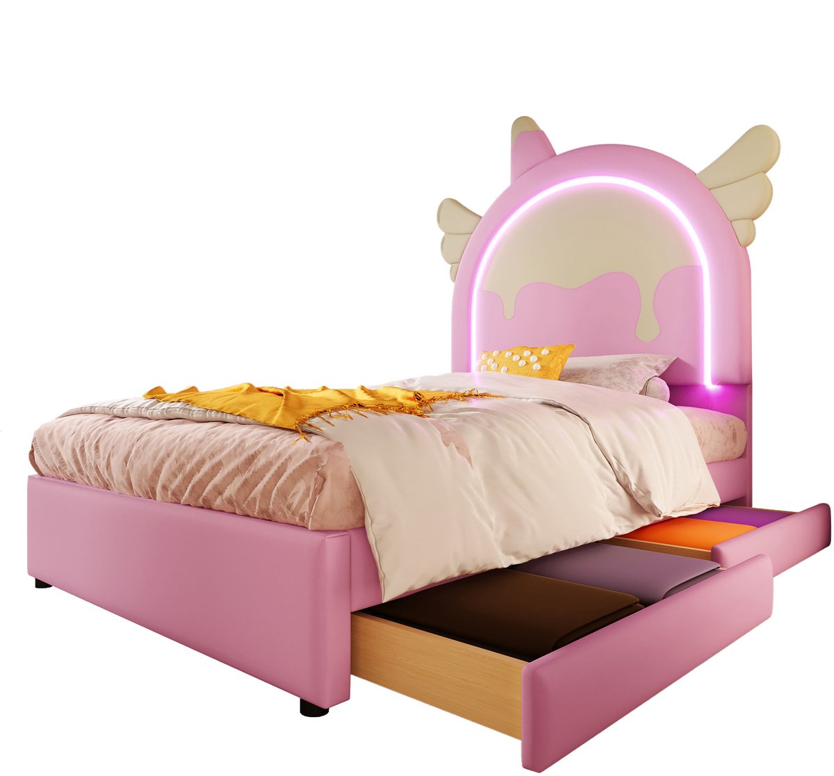FloraGrace Gestoffeerd Bed 90x200 cm – Met Kleurrijke Lichtstrip – Met 2 Lades – Eenhoorn Kindbed – PU – Zonder Matras – Roze — cadeau in Cadeau-ideeën - foto 3