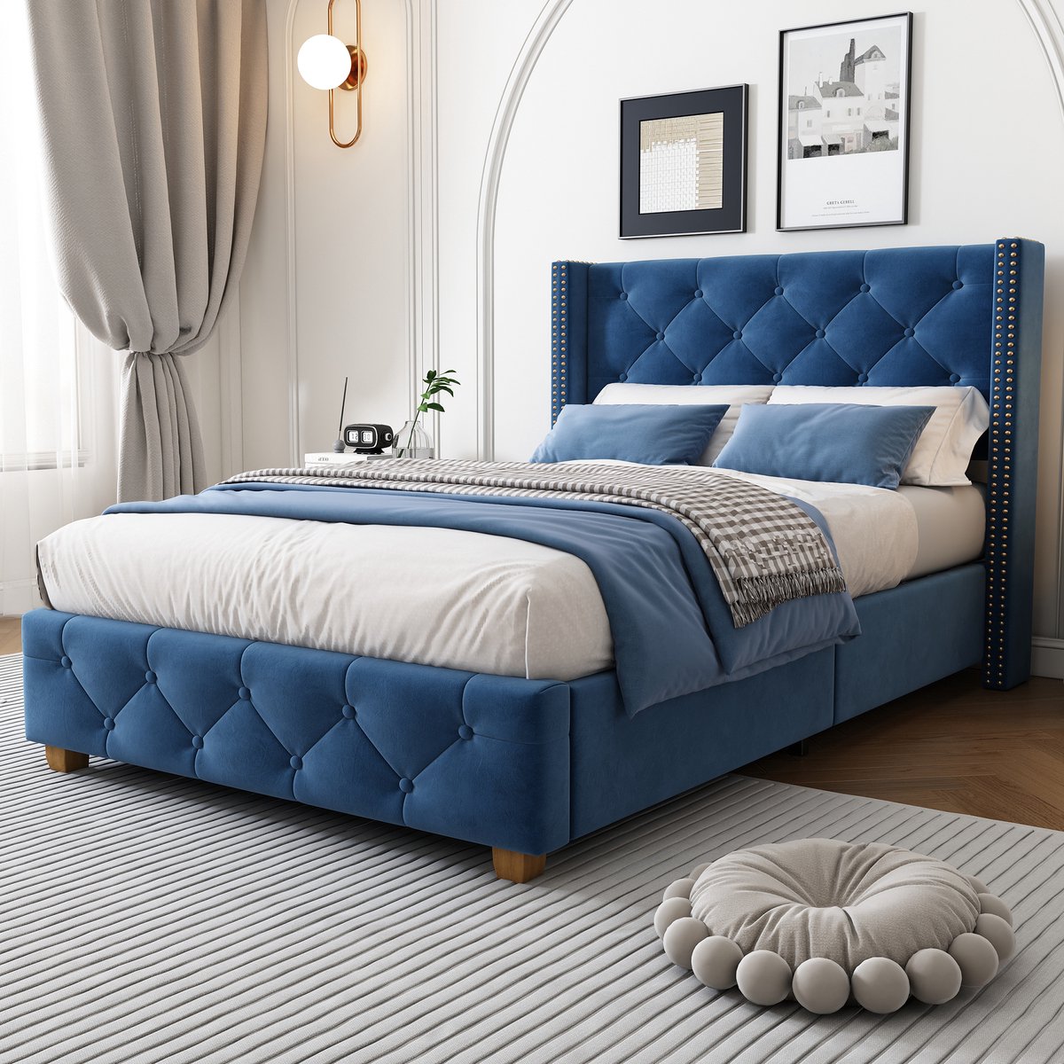 FloraGrace Gestoffeerd Bed 90x200cm – Fluwelen Bedframe Met Lattenbodem – Met Knopen En Siernagels – Zonder matras – Slaapkamer – Blauw