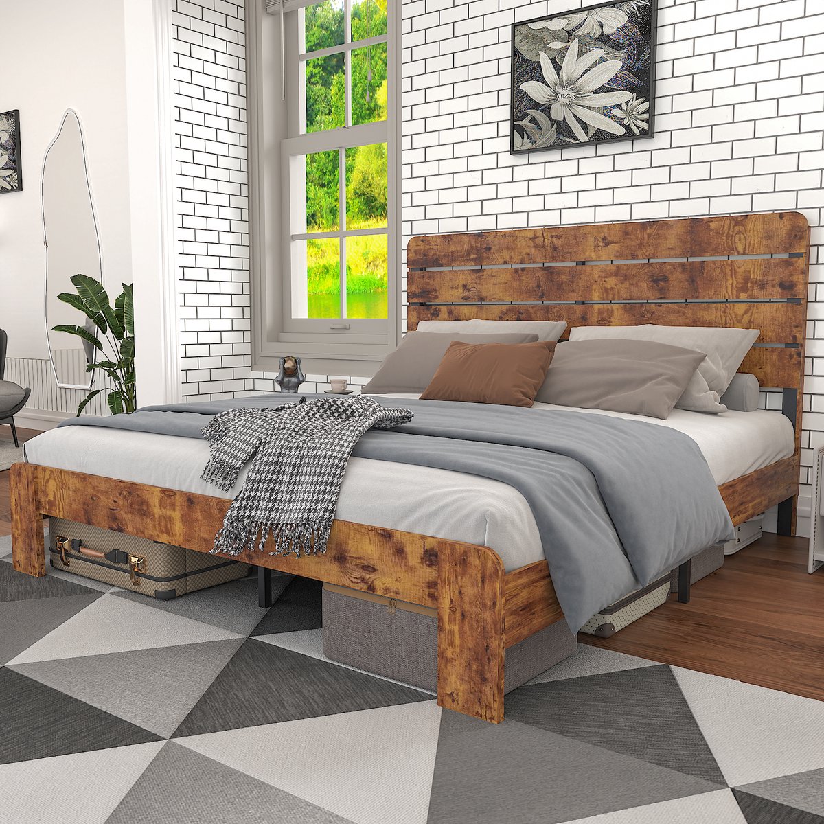 FloraGrace Bed 140x200cm – Met Metalen Lattenbodem – Hoog Hoofdbord – Extra Stabiel Met Middenpoten – Voor Slaapkamer Logeerkamer – MDF Metaal – Bruin – Zonder matras