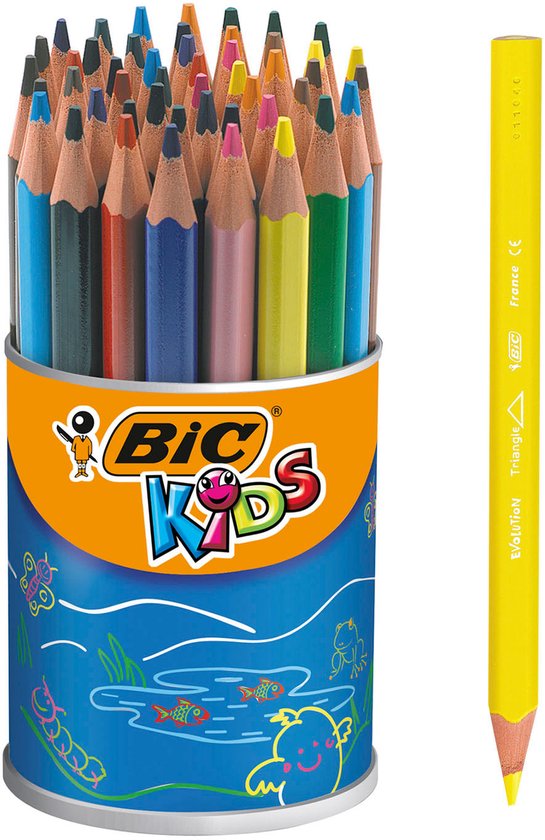 Blik met BIC Kids Evolution potloden, met een gele potlood ernaast.