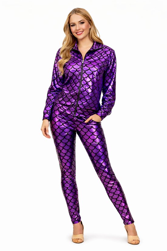 Paars Trainingspak Carnaval Dames (XS) | Legging + Jasje | Pak Kostuum Glimmend Holografisch | Carnavalskleding 70's, 80's & 90's | Disco Retro Hippie | Verkleedkleding Zeemeermin