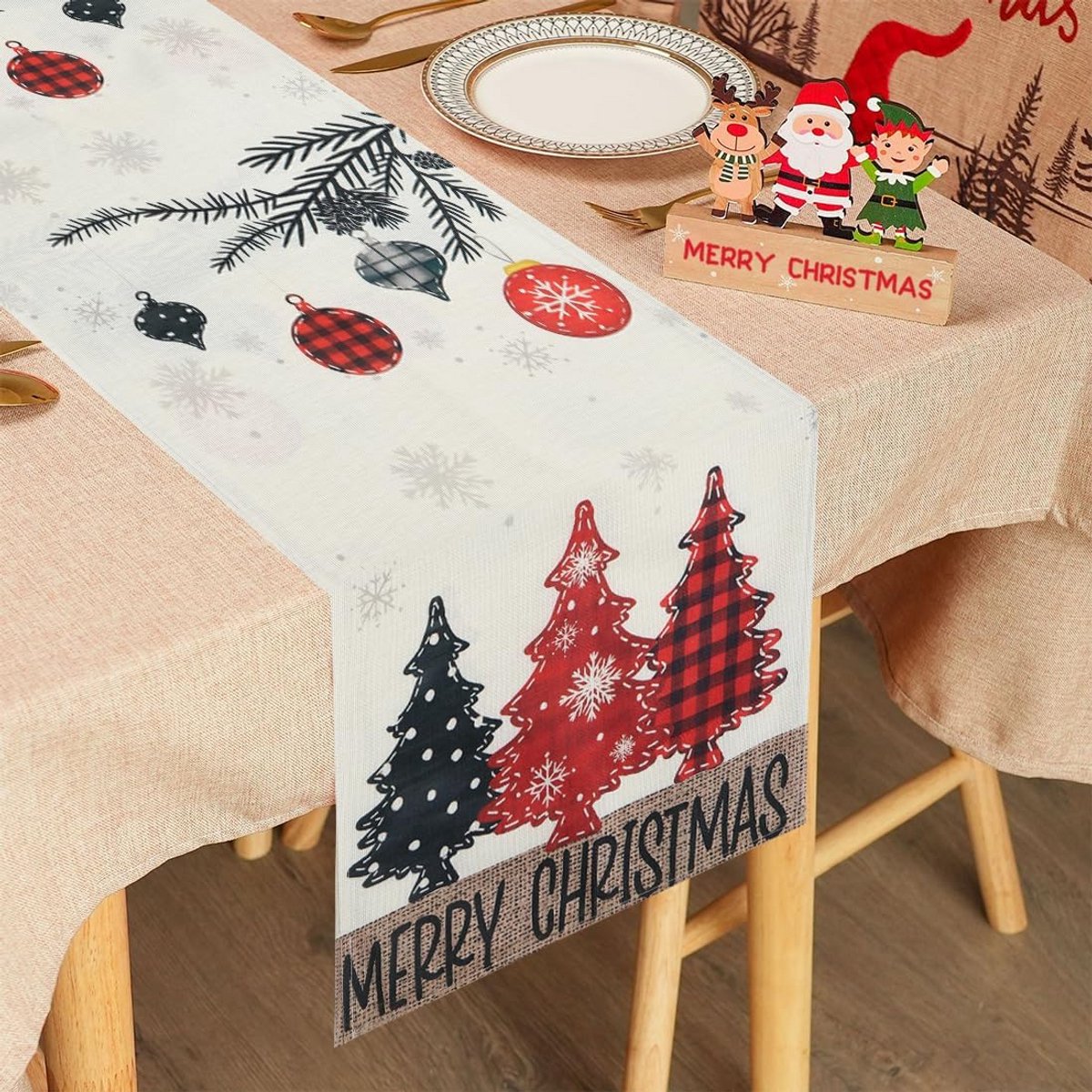 Tafelloper Kerst Rood Kerstboom 33x275 cm Moderne Winter Decoratie
