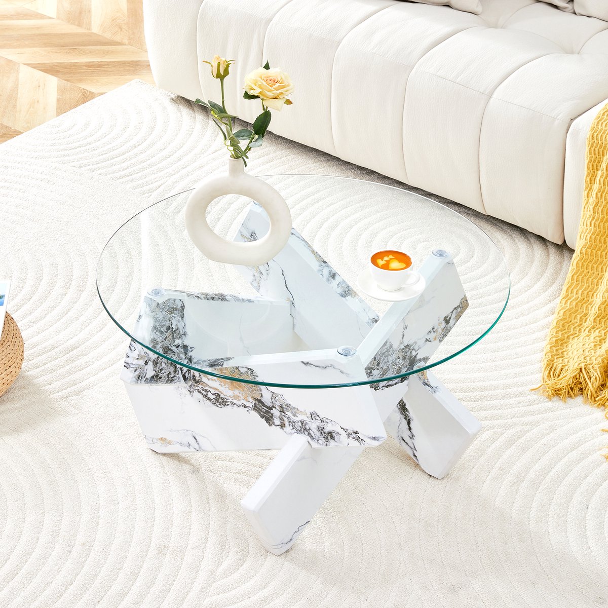 STILVORA Salontafel Rond 79 Cm - Gehard Glas 8 Mm - Kruispoot Met Marmerlook - Voor Woonkamer En Leeshoek - MDF Wit Transparant