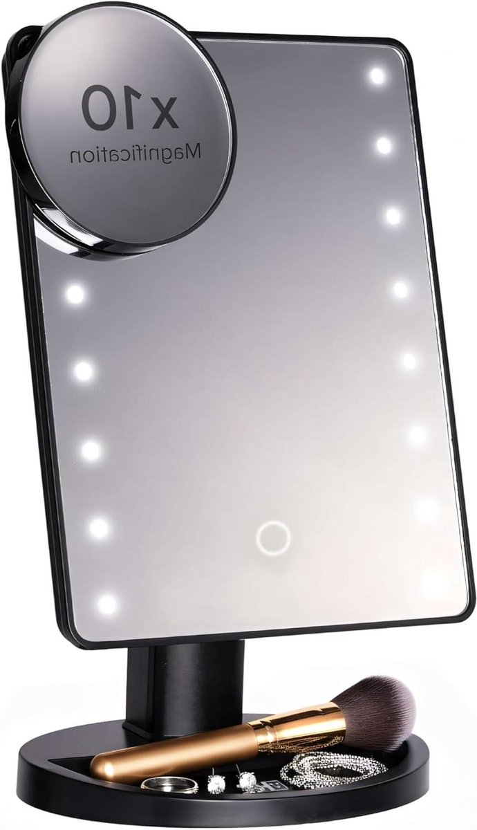 Allecto - Make-up spiegel met LED verlichting - Verstelbaar - 10-voudige vergroting - Zwart.