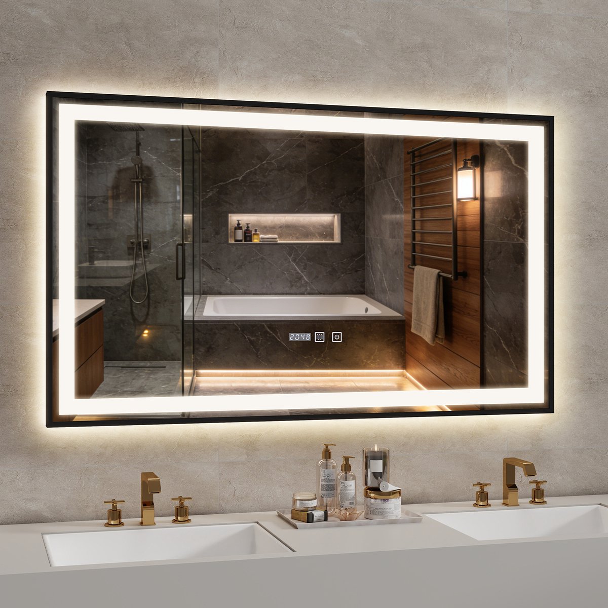 Puluomis Badkamerspiegel - 100x60cm - Rechthoekig Zwart Metalen Frame - LED-verlichting - Tijd- en Temperatuurweergave - Ontwaseming