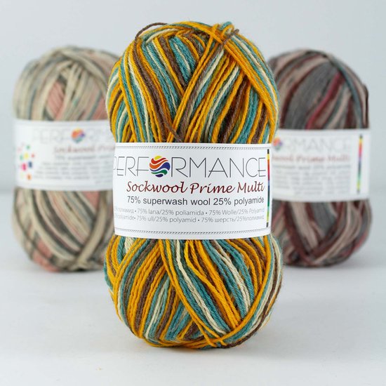 Performance Sockwol Prime Multi - oker/bruin/groen(17514) -Sokkenwol - 3 bollen van 50 gram - naalden 2/3 mm.