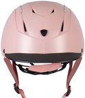 Roze rijhelm met zilveren accenten en verstelbare bandjes.