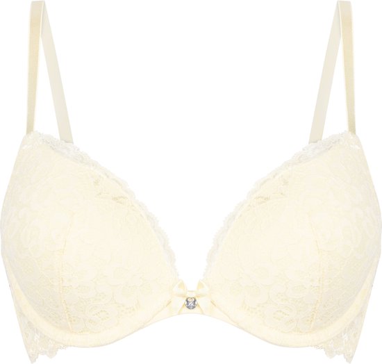 Soutien-gorge push-up rembourré jaune pâle avec détails en dentelle et nœud.