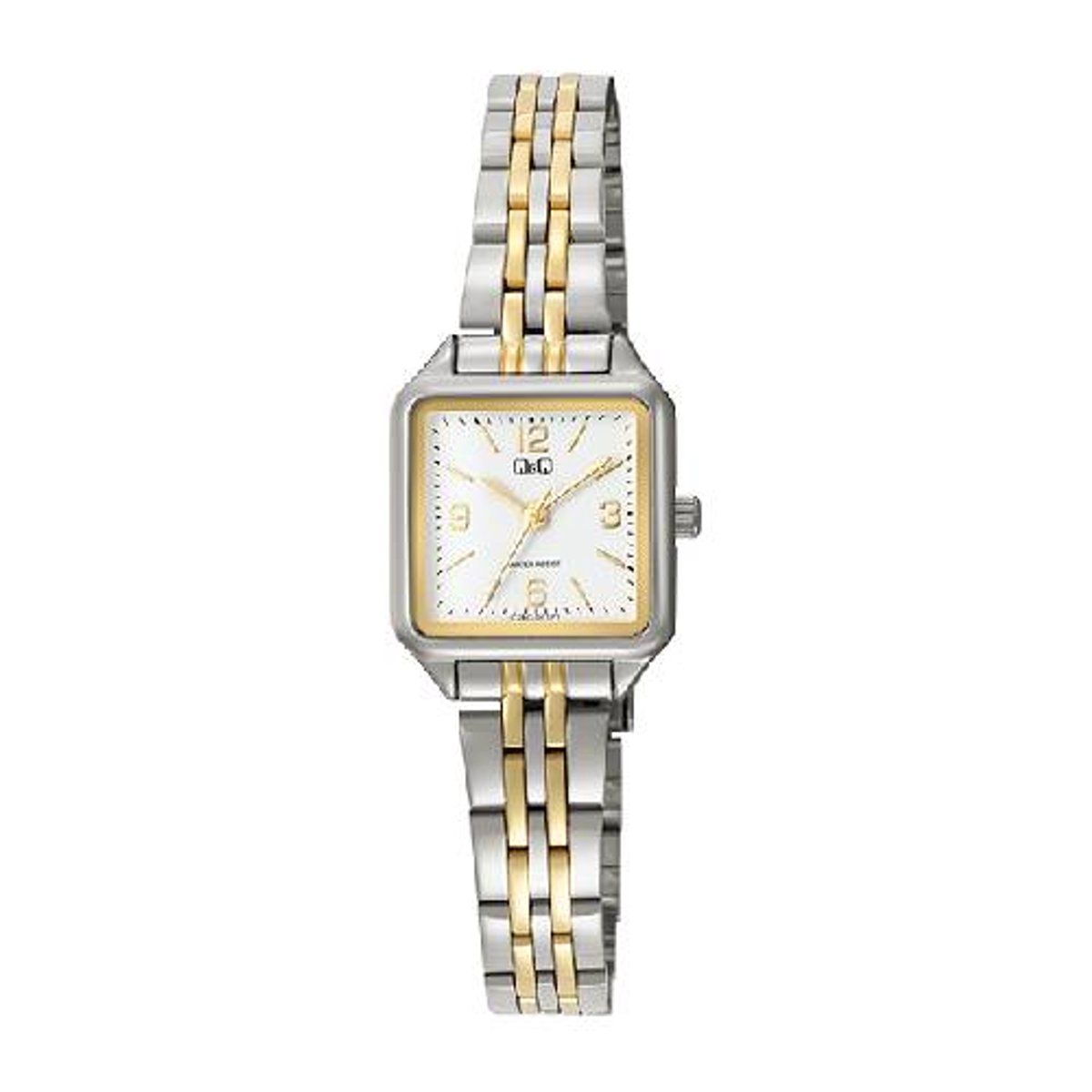 QQ-dames horloge-model q28c-001-vierkant-bicolor-goud-zilverkleurig-3 bar waterdicht-klein model 21.5 x 21.5 mm-duidelijke wijzerplaat