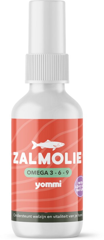 Zalmolie spray van Yommi, met de tekst "OMEGA 3-6-9" en "Ondersteunt welzijn en vitaliteit van je hond".