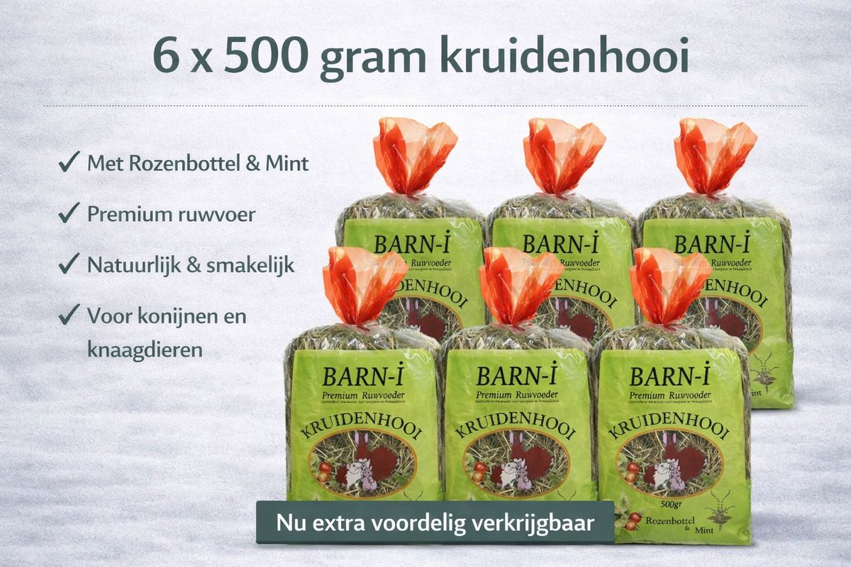 Barni Kruidenhooi - Ruwvoer- Rozenbottel & Munt - 6 x 500 gr. konijnenvoer.