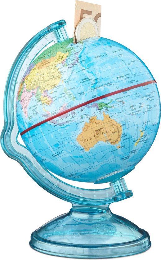 Relaxdays spaarpot wereldbol - spaarpotje globe - draaibaar - spaargeld kinderen - reizen