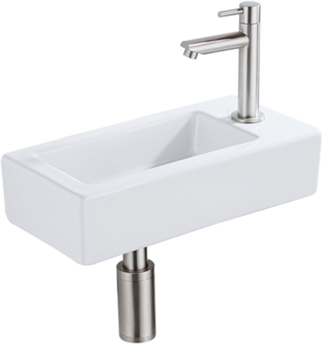 FugaFlow Efficiente Pietra Fonteinset - 37.5x18.5x9cm - keramiek - kraangat rechts - fonteinkraan geborsteld RVS - afvoerplug - verlaagd sifon - Glans wit