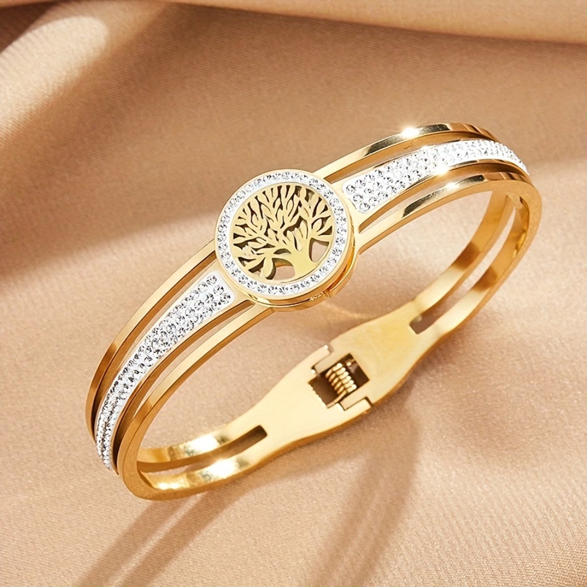Sjika - Levensboom Armband Dames Goudkleurig – Tree of Life – Zirkonia – Bangle Armband – Verstelbaar - Cadeau