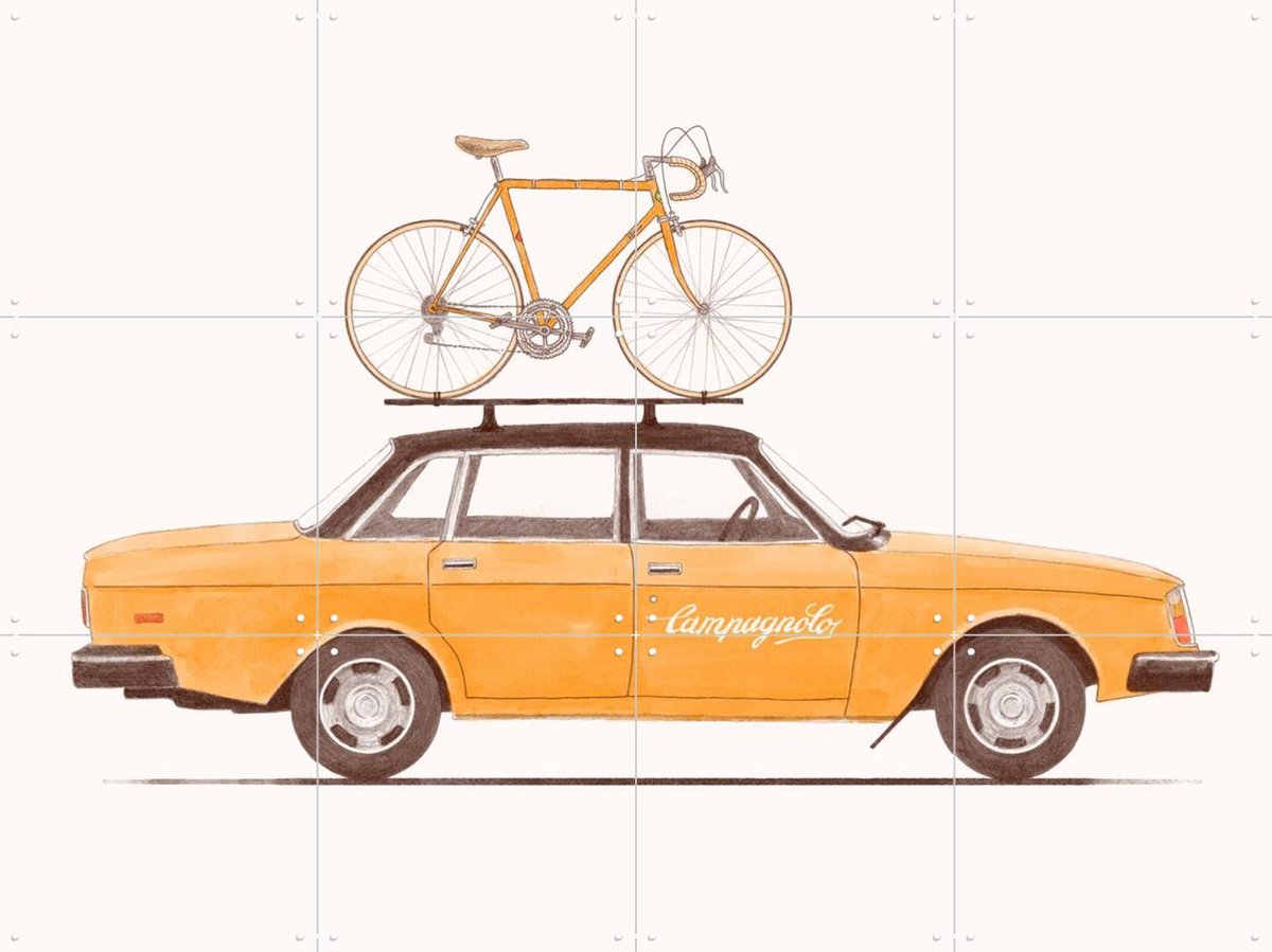 IXXI Yellow Vintage Car with Race Bike, Florent Bodart - 80 x 60 cm - Gratis ophangtool - Grote wanddecoratie en posters Kinderkamer, Kinderen