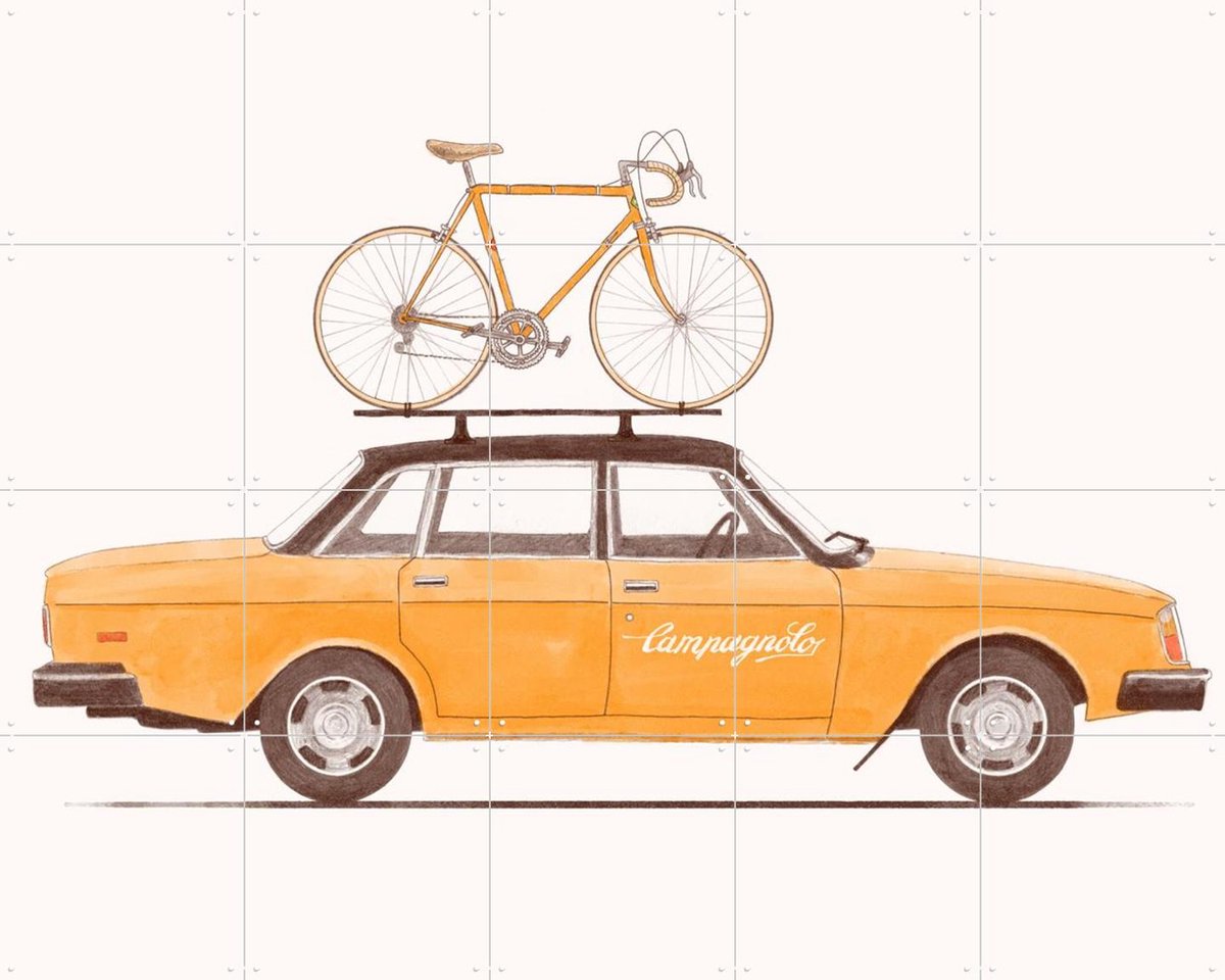 IXXI Yellow Vintage Car with Race Bike, Florent Bodart - 100 x 80 cm - Gratis ophangtool - Grote wanddecoratie en posters Kinderkamer, Kinderen