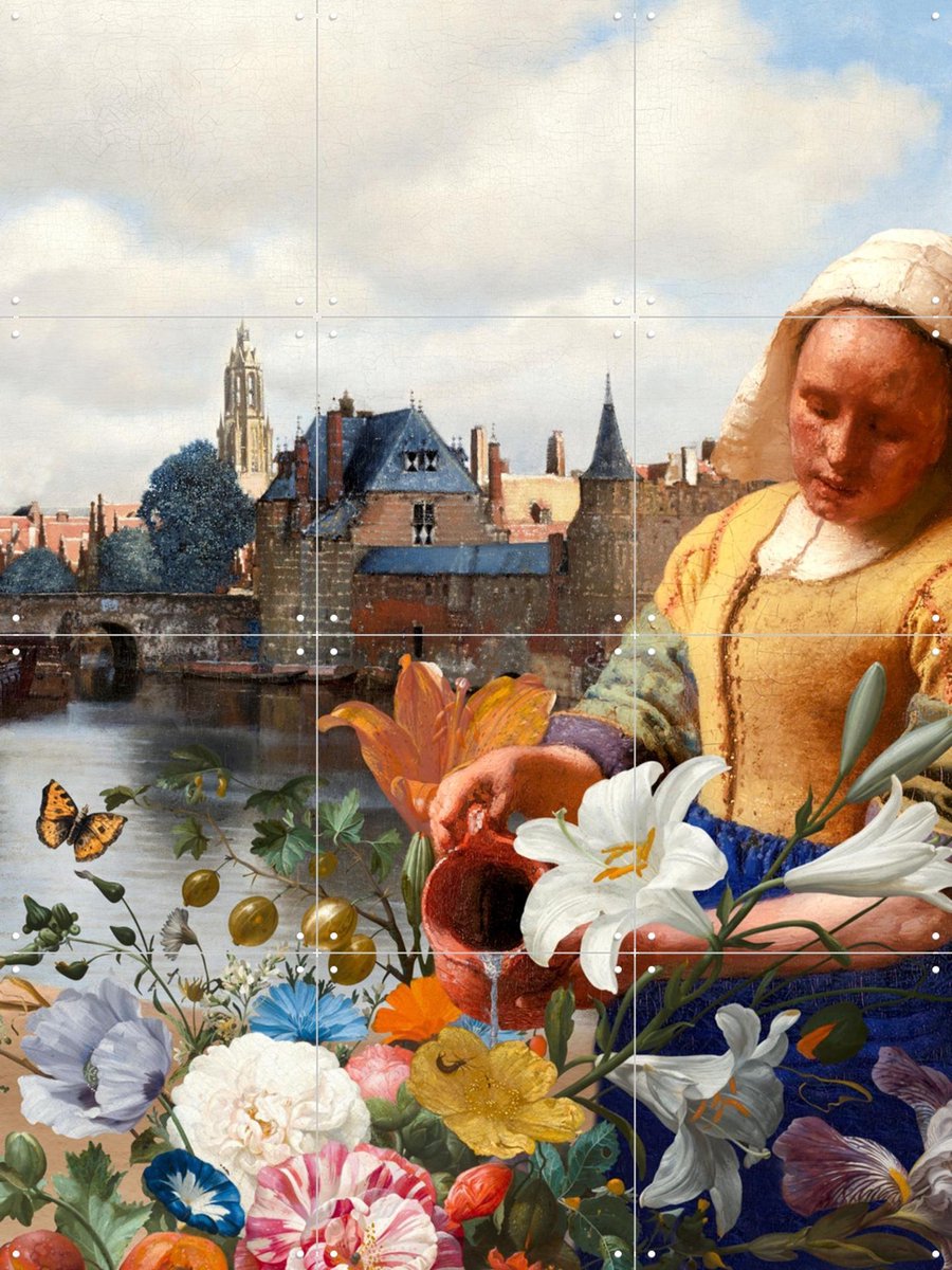 IXXI Het Melkmeisje - View of Delft Garden Edition, Marja van den Hurk - 60 x 80 cm - Gratis ophangtool - Grote wanddecoratie en posters -