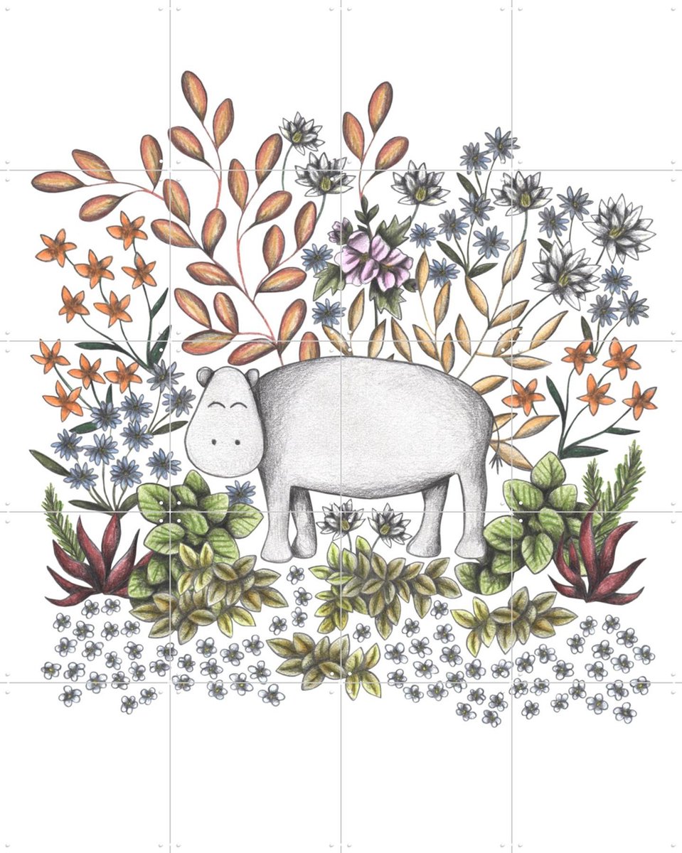 IXXI Safari Hippo, Cecilia Battaini - 80 x 100 cm - Gratis ophangtool - Grote wanddecoratie en posters - Illustraties, Speels, Fantasierijk