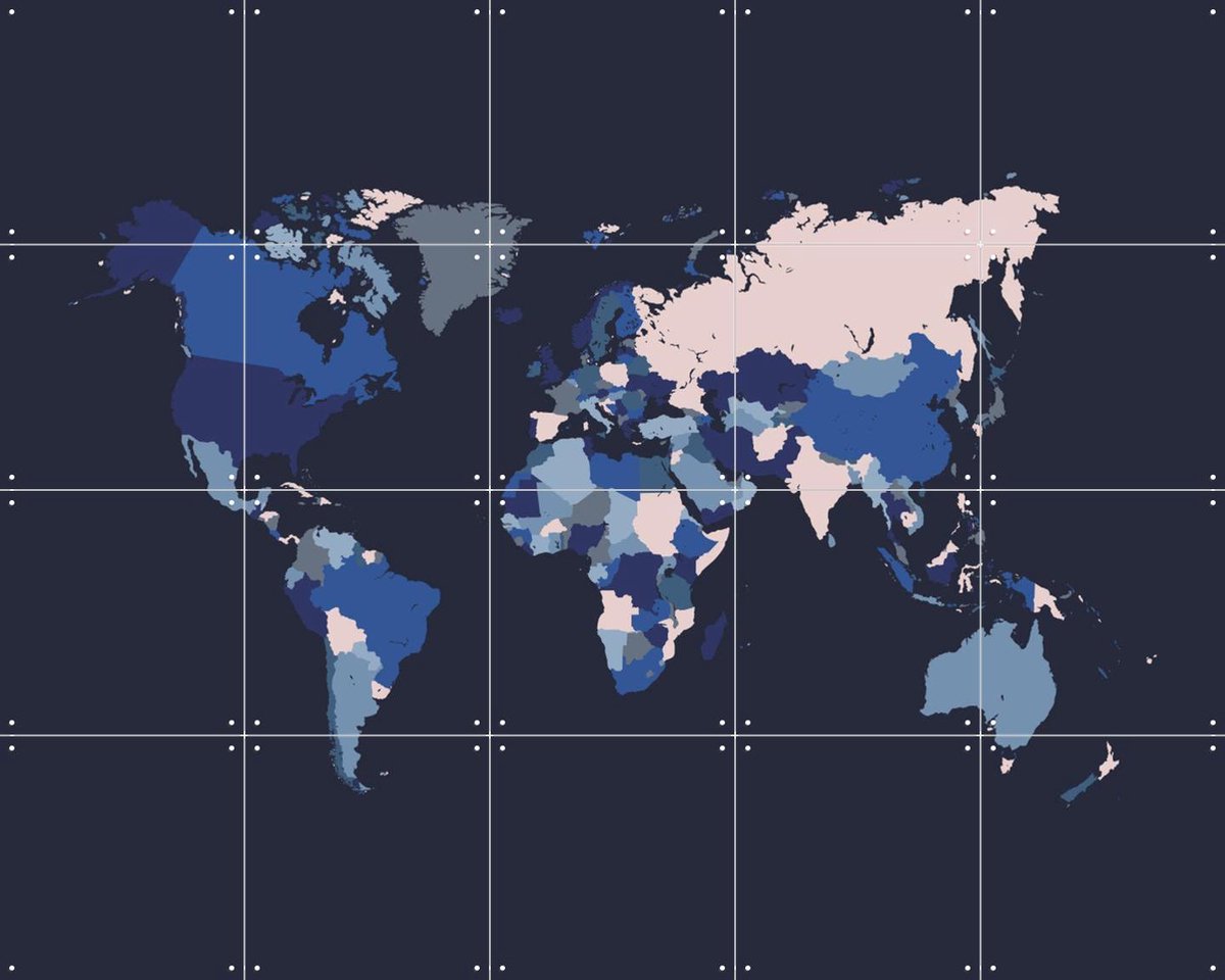 IXXI World Map Mosaic Navy, Kunst in Kaart - 100 x 80 cm - Gratis ophangtool - Grote wanddecoratie en posters - Abstract, Grafisch Ontwerp
