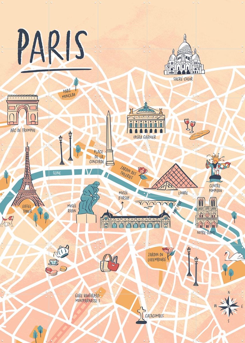 IXXI Paris Illustration, Revista Ontwerp & Kunst in Kaart - 100 x 140 cm - Gratis ophangtool - Grote wanddecoratie en posters - Digitale Kunst
