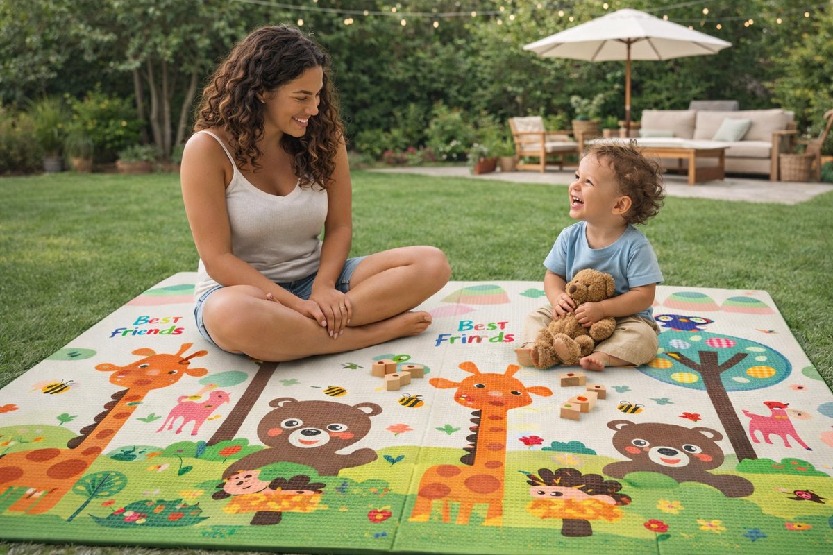 Speelmat Baby, Peuter & Kind 150x200 cm – Extra Dik Speelkleed – Voor Binnen & Buiten – Foam Kruipmat – Dubbelzijdig Opvouwbaar – Inclusief Opbergtas – Zacht & Veilig - Opvouwbare speelmat dierenwereld & giraffen - baby cadeau - kraamcadeau – foto 2