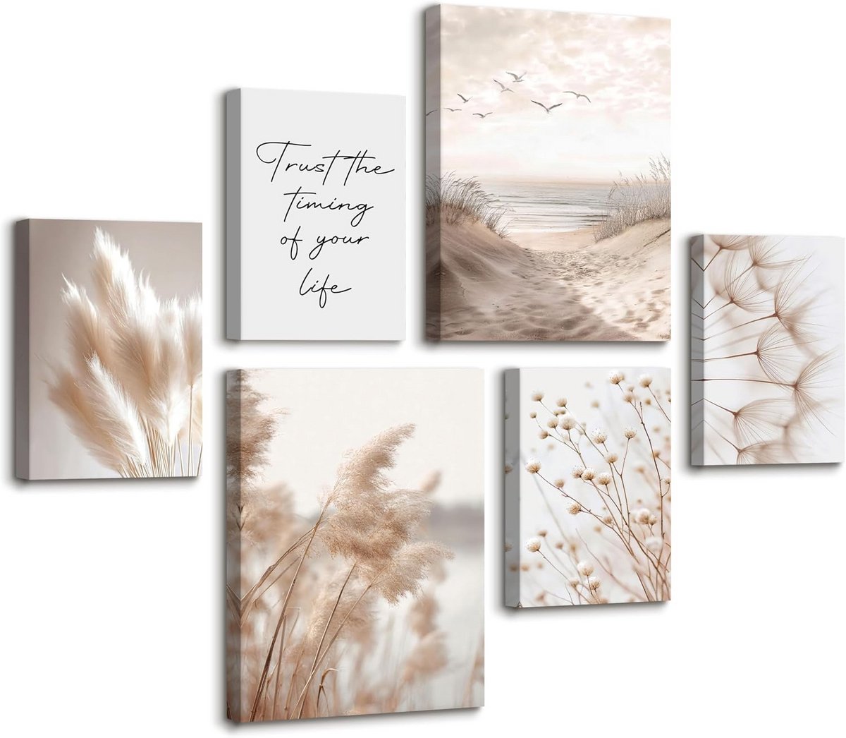 Set van 6 Beige Riet Natuur Canvas Schilderijen met Houten Lijst voor Woonkamer en Slaapkamer
