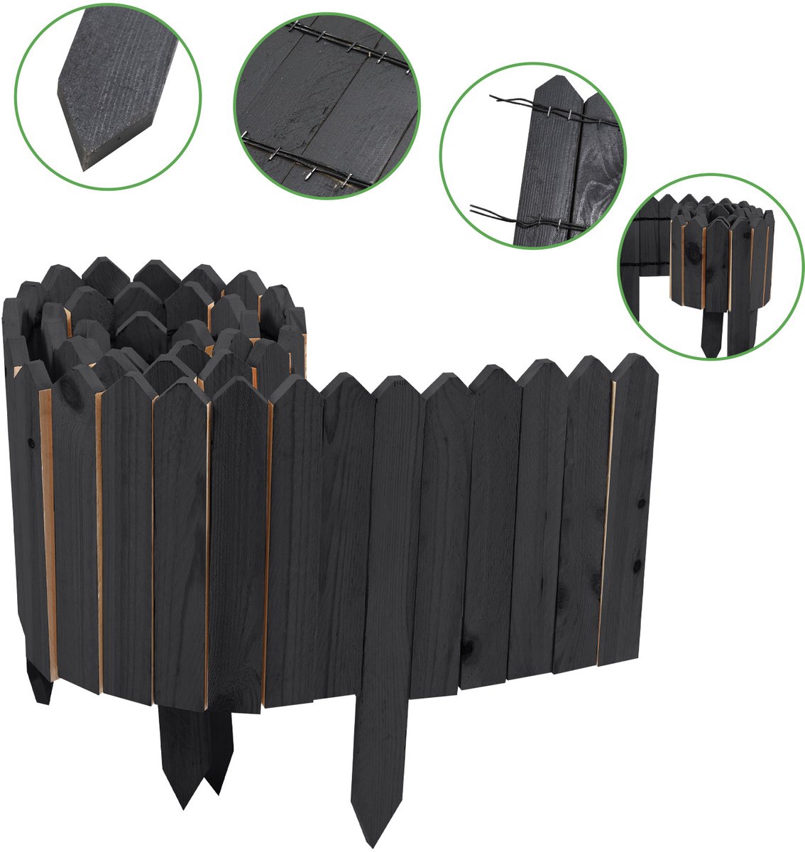 Borderrand Palissade Dennenhout - Rollborder Flexibele houten hek 200 x 30 cm - Dennenhouten Tuinafscheiding Bedrand - Decoratieve Borderranden - Antraciet