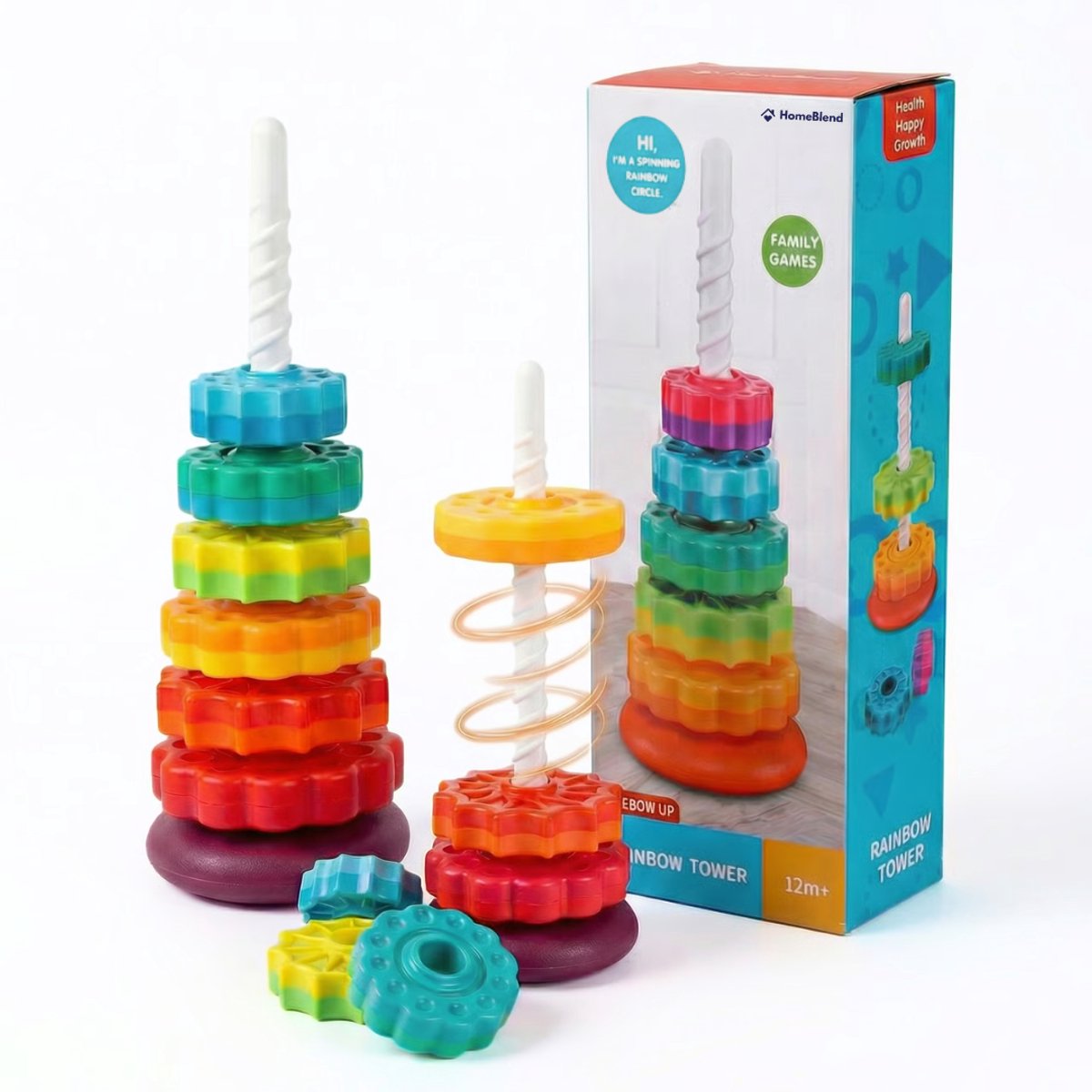 Homeblend Draaiende Stapeltoren - Speelgoed 1 Jaar - Educatief & Sensorisch Babyspeelgoed - Fijne Motoriek & Hand-oogcoördinatie - 6 Multicolor Stapelringen
