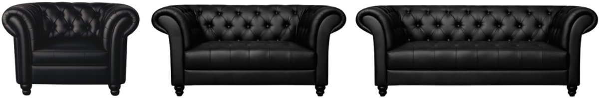 Chesterfield Banken Set 1-2-3 Zits - Curve Armleuningen - Zwart - Chesterfield - Sofa - Bankstel