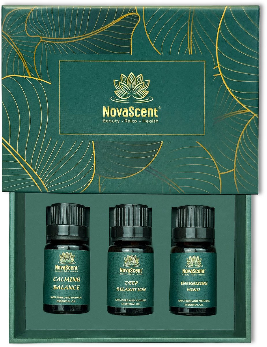 NovaScent® Essential Oil - Set van 3 blends - Calming Balance, Deep Relaxation en Energizing Mind – Rijke aroma’s - Sterk geconcentreerd - Etherische oliën - Aromatherapie - Geurolie voor aromadiffuser