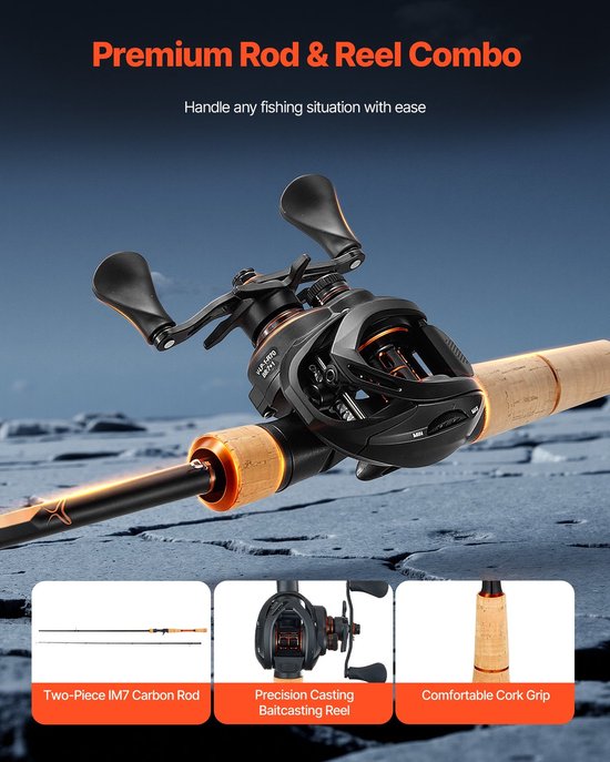 Baitcasting hengelset - Baitcaster hengel + molen - IM7 carbonvezel 2,13 m - Kogellagers 7+1 - Overbrenging 7,0:1 - Kurken handgreep - Rechtshandig - Voor baars — afbeelding 3