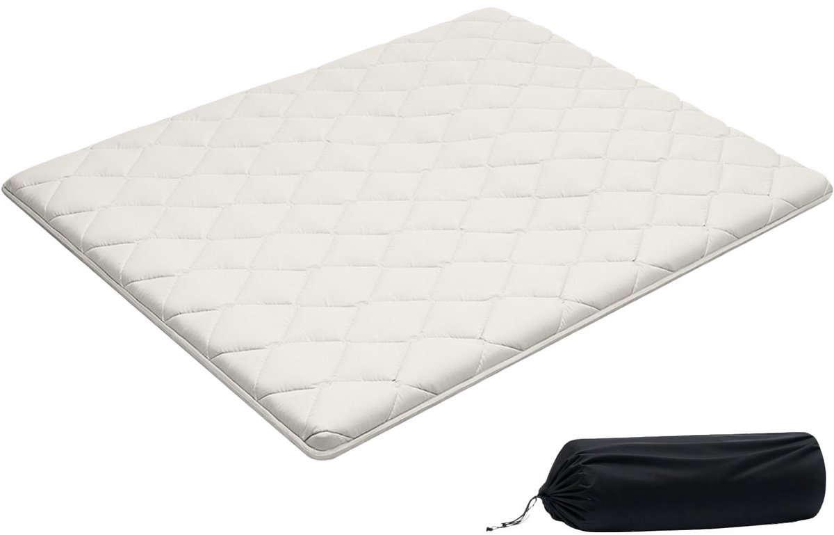 Japanse futonmatras - Opvouwbare tatami vloermatras - Queensize 203x152x6,4 cm - Negenlaags - Met opbergtas - Inclusief bevestigingsmateriaal - Voor meditatie en yoga - Wit