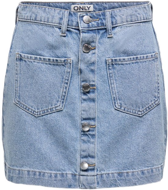 Lichtblauwe denim skort met knoopsluiting en opgestikte zakken.