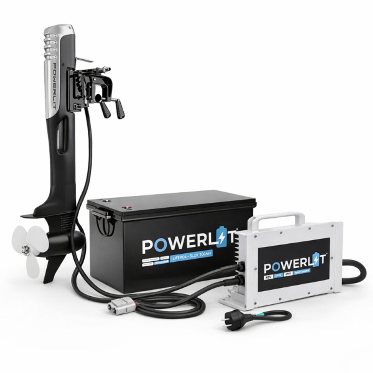 Powerlit 48V Elektrische buitenboord motor - Inclusief 5kWh LFP Accu en Waterdichte 35A Snellader