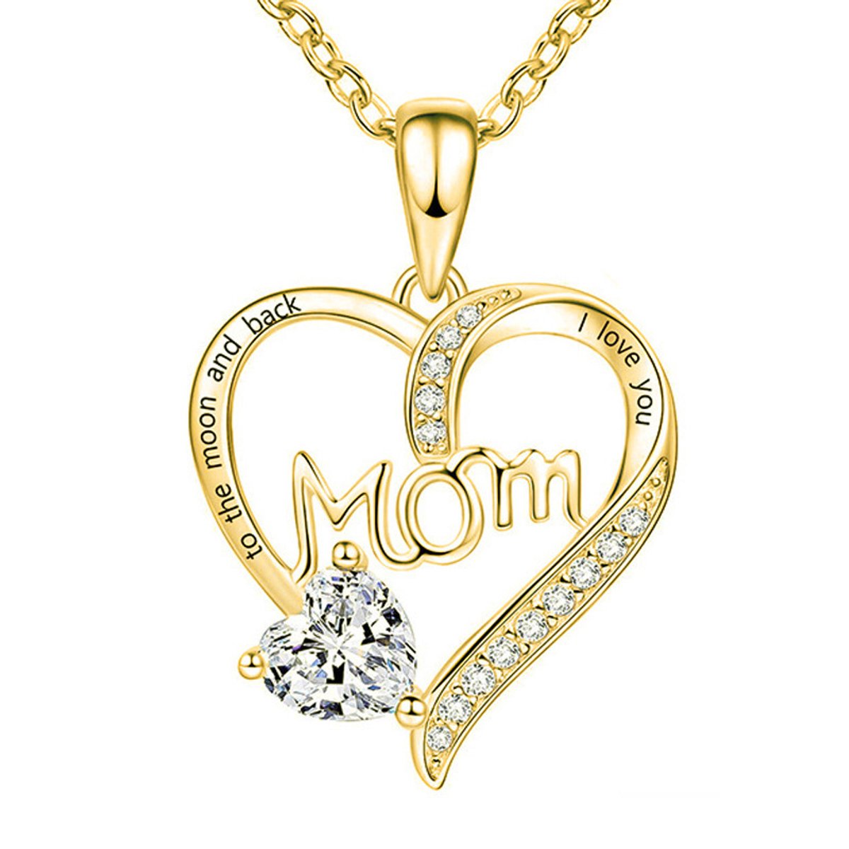 Lumici® | Mama Ketting v2 – “I Love You – To the Moon and Back” met Hartjes Zirkonia – Ketting Voor Moeder – Mom Necklace – Cadeau Voor Haar – Moederdag Geschenk – Dames Ketting – Collier – Valentijn – Liefde – Zilver / Rosegoud / Goud