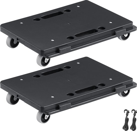 Twee zwarte meubeltrolleys met grijze zwenkwielen en twee zwarte elastieken met haken.