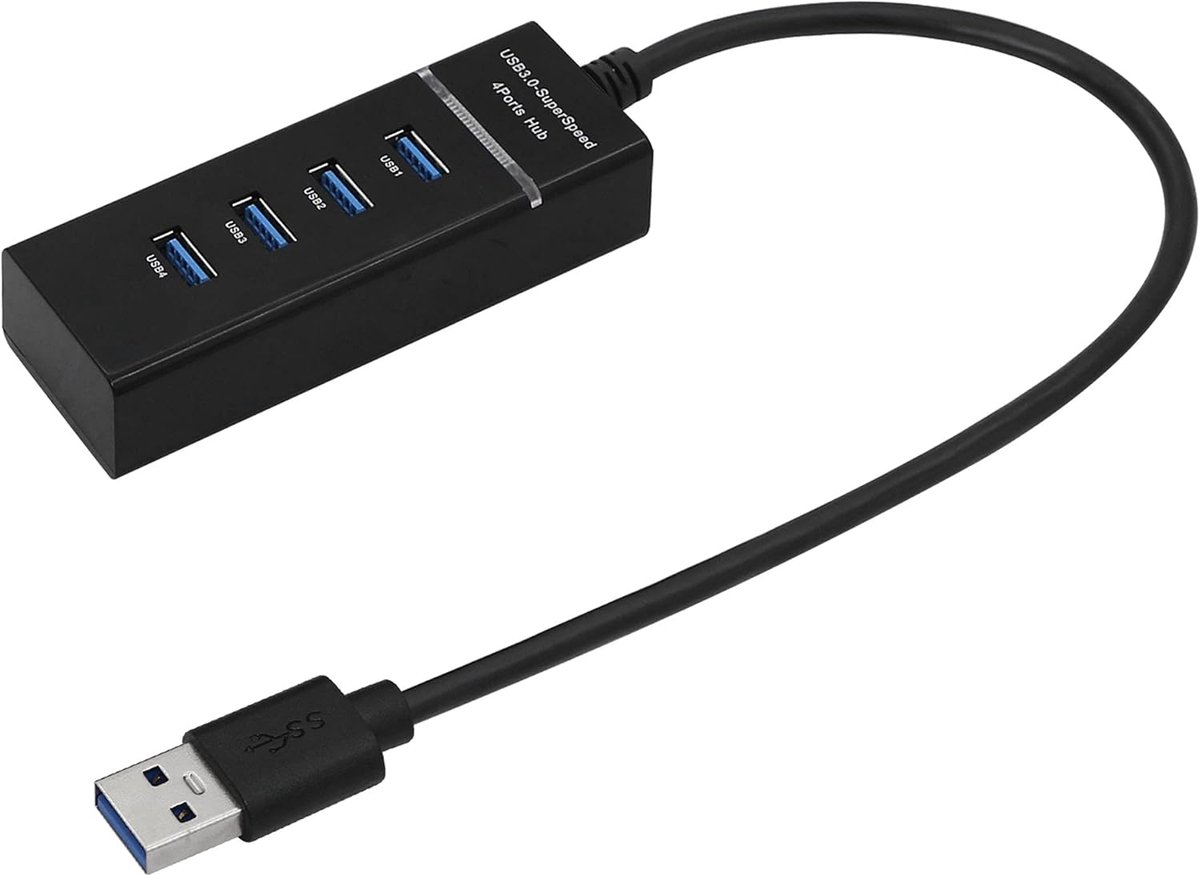 USB 3.0 Hub 4-Poort 5Gbps - 30cm Zwart LED Indicatie Geschikt voor PC Mac Laptop